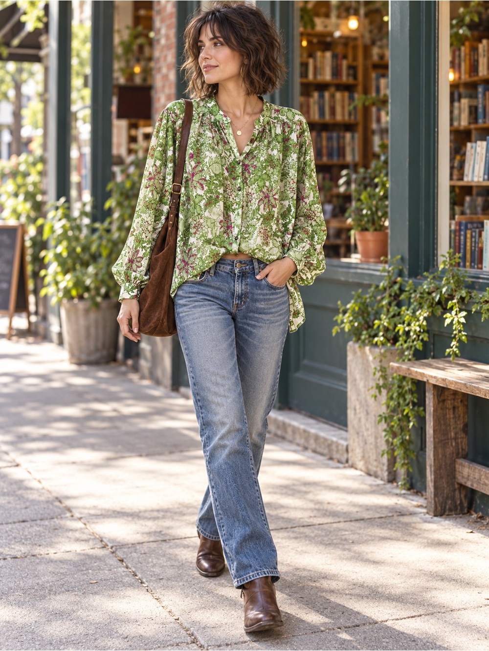 Anthropologie Pilcro Green Floral Button-Front Blouse
